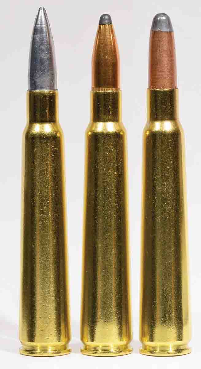 Bullets for the .280 Ross, ranging in diameter from .286 to .290 inch, are scarce, but there are a few sources. From left: a 140-grain bullet from Lyman mould 287377, Huntington Die Specialties’ 150-grain softnose and a Hawk 160-grain roundnose. These bullets load to quite different overall lengths when crimped into their cannelures.